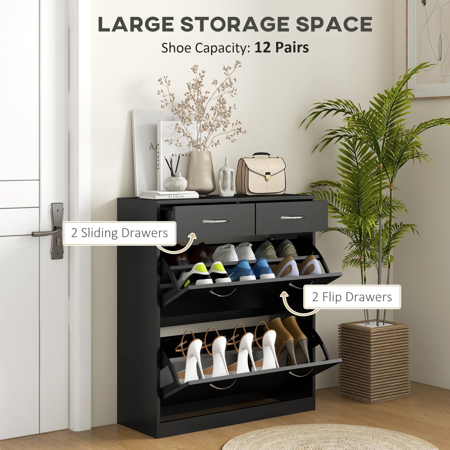 Narrow Shoe Storage with 2 Flip Drawers and Adjustable Shelves Shoe Cabinet Organiser for 12 Pairs of Shoes, Black