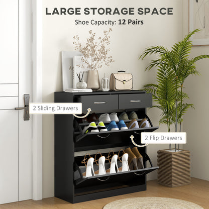 Narrow Shoe Storage with 2 Flip Drawers and Adjustable Shelves Shoe Cabinet Organiser for 12 Pairs of Shoes, Black