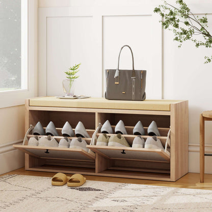 Hallway Shoe Bench | PE Rattan Doors | 4.5cm Foam Padded Seat for 2 | 2 Flip-Down Cabinets | Magnetic Catches | BS5852 Compliant | 180kg Capacity | 105x35x50cm | Oak Wood Effect