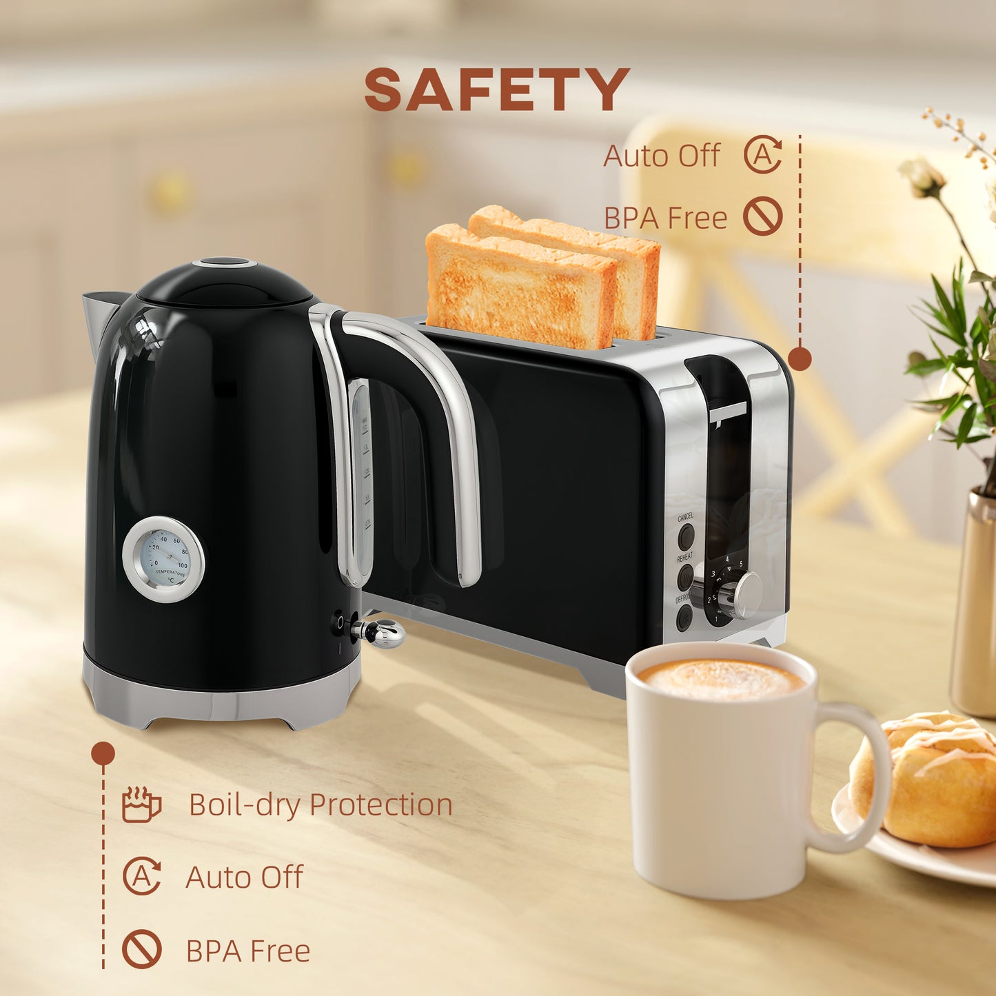 Retro Toaster and Kettle Set - Black / Cream