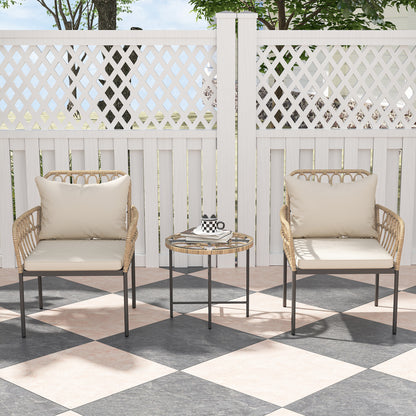 3 Piece Rattan Bistro Set, Wicker Garden Furniture Set with Cushions, Glass Top Coffee Table and Chairs for Outdoor, Patio, Balcony, Beige