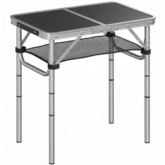 Outsunny 2ft Folding Camping Table, Picnic Table with Mesh Storage Layer, 4 Adjustable Heights and Carrying Handle, Black