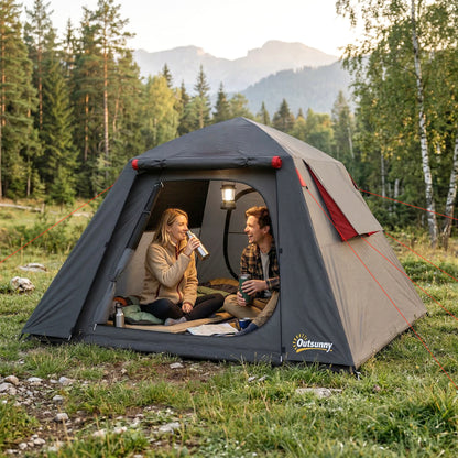2-Person Camping Tent | 3000mm Waterproof | 2 Large Doors | 2 Windows | Internal Pocket & Lantern Hook | Folds to 80 x 18 x 18cm | 210 x 210 x 150cm | Dark Grey & Red