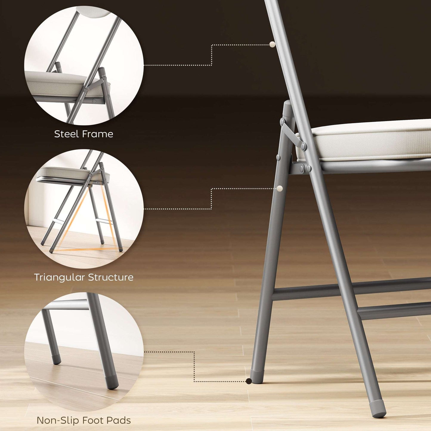 Set of 4 Folding Corduroy Dining Chairs | High Back | Padded Seat & Back | Steel Frame | Foldable | 120kg | No Assembly | Cream