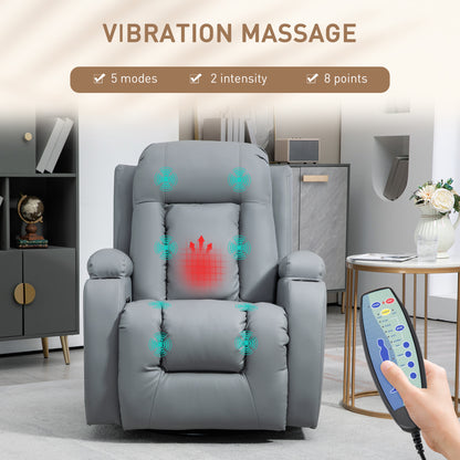 Massage Recliner Chair with 8 Vibration & Heat, PU Leather Recliner Armchair W/ Cup Holders, Side Pockets, Manual Reclining Chair, Light Grey