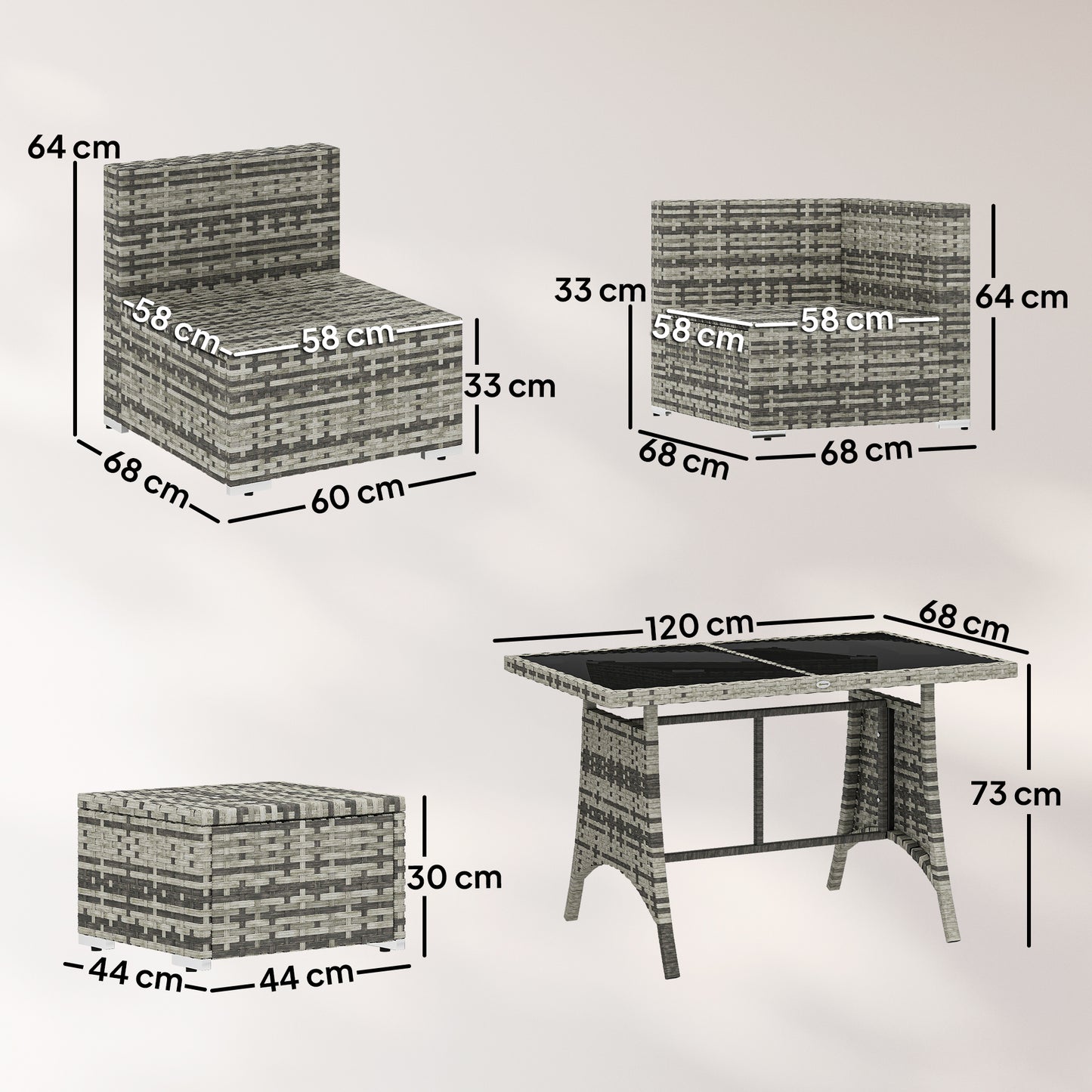 10-Piece PE Rattan Garden Furniture Set | 6 Chairs | 3 Footstools | Tempered Glass Dining Table | 10cm Zip Cushions | 4 Accent Pillows | L-Shaped Feet | 120kg Capacity | Grey & Dark Grey