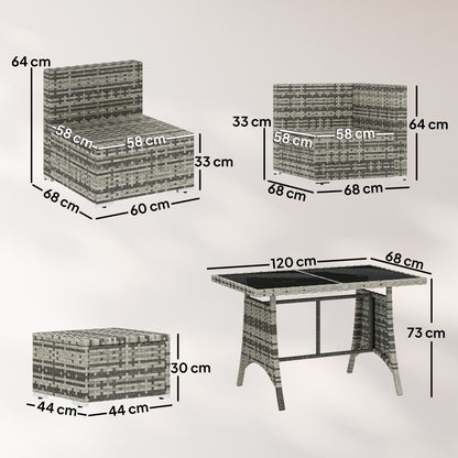 10-Piece PE Rattan Garden Furniture Set | 6 Chairs | 3 Footstools | Tempered Glass Dining Table | 10cm Zip Cushions | 4 Accent Pillows | L-Shaped Feet | 120kg Capacity | Grey & Dark Grey