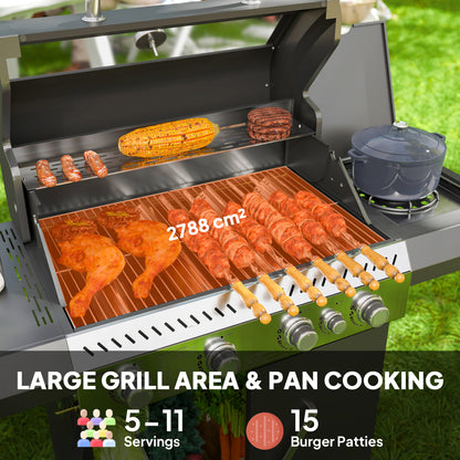 4+1 Burner Gas BBQ Grill with Clear View Lid, Portable Gas Barbecue Grill with Built-in Thermometer, Side Table, Cabinet, for Garden Party Outdoor Cooking