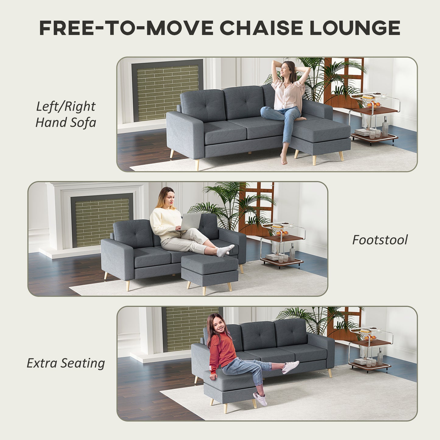 3 Seater Sofa with Footstool, Fabric L-Shaped Sofa, Sectional Couch with Wood Legs, Tufting Cushioned Back for Small Space, Living Room, Office,