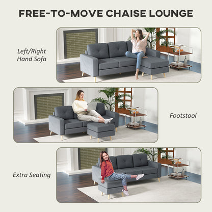 3 Seater Sofa with Footstool, Fabric L-Shaped Sofa, Sectional Couch with Wood Legs, Tufting Cushioned Back for Small Space, Living Room, Office,