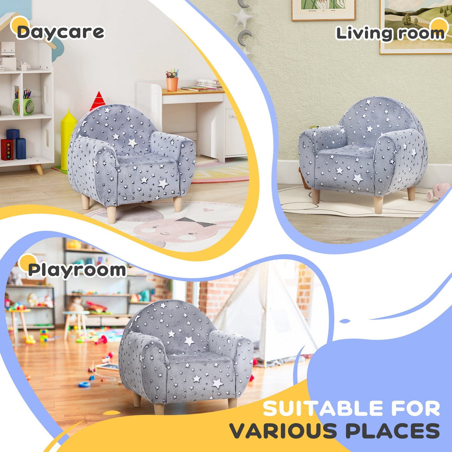 AIYAPLAY Kids Armchair, Glow in the Dark Chair with Star Design for Bedroom, Playroom, Kids Room, Grey / Pink