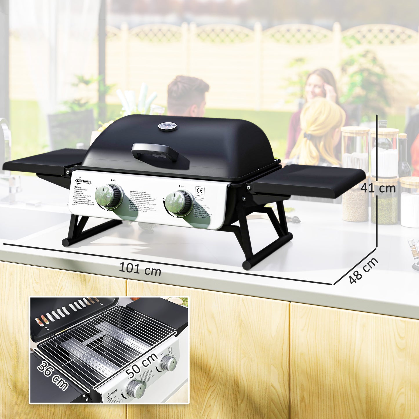 2 Burner Gas BBQ Grill with Foldable Side Tables, Portable Tabletop Gas Barbecue with Built-in Thermometer, Lid, Grease Tray, Outdoor Cooking 5.6KW, Black