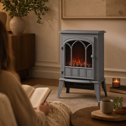 Freestanding Electric Fireplace Log Burner | 1000W/2000W Dual Heat | Stepless LED Flame Effect | Stepless Thermostat | Forced-Air Fan | Thermal Cut-Off | ERP Compliant | 39x23x56.5cm | Grey