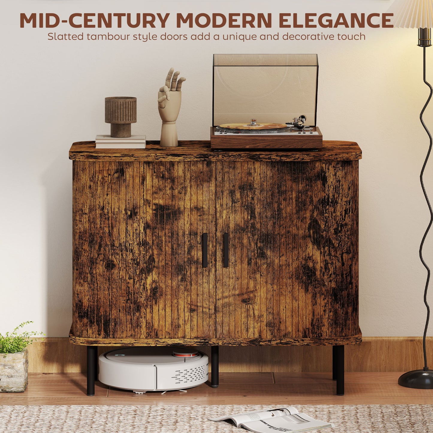 Mid-Century Sideboard & Nightstand Set | Tambour Sliding Doors | 2-Tier Storage | Steel Legs | Anti-Tip | Oak & Black | Rustic Brown