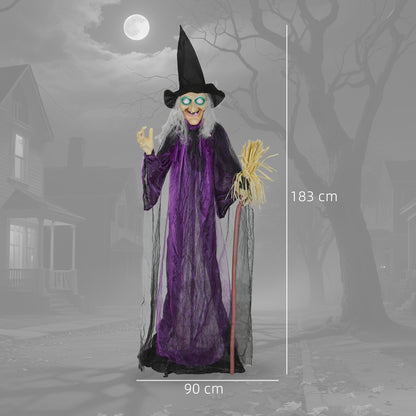 183 cm Life Size Halloween Animated Standing Witch & Broomstick with Glowing LED Eyes, Spooky Witch Scary Halloween Decorations, Battery Operated, Indoor Party Props