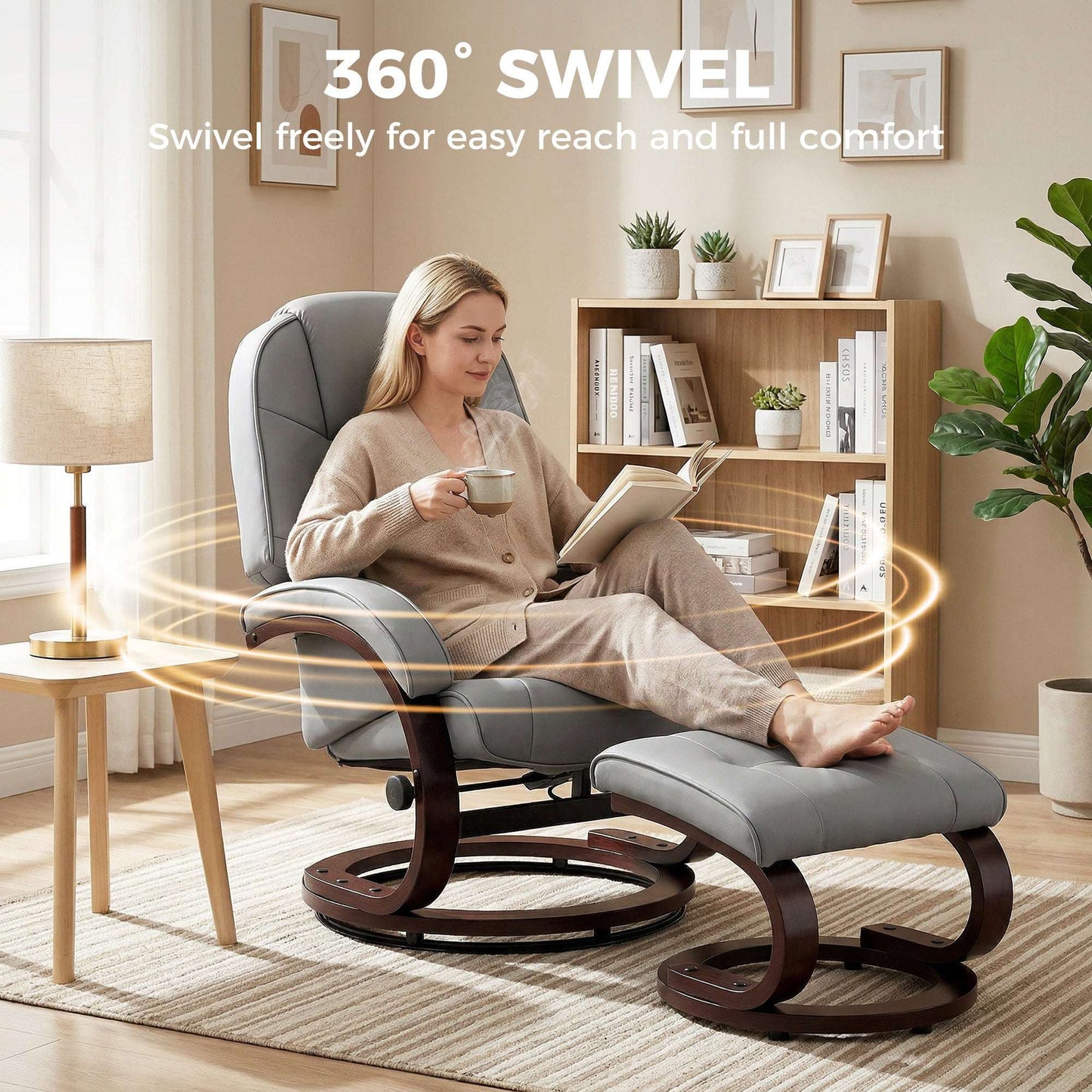 Swivel Recliner Chair & Footstool | PU Leather | 360° Swivel | 135° Recline | Bent Wood Frame | 120kg | Grey