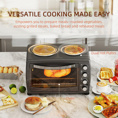 36L Small Oven with 2 Hot Plates, Countertop Toaster Oven, Grill, Roast, Bake, Boil, W/ Timer, Adjustable Temperature, Electric Oven W/ Grill Rack