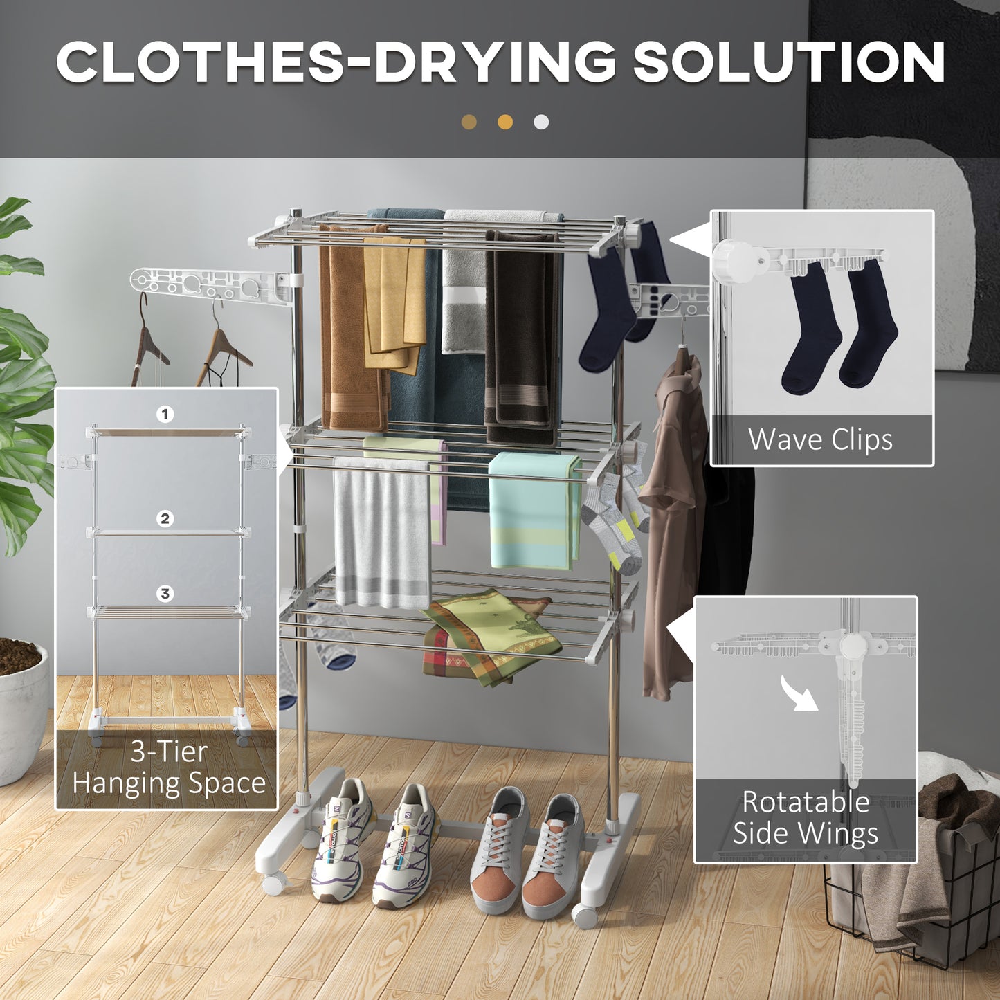 3 Layers Folding Laundry Clothes Airer Drying Rack Hanger Stand - White/Silver