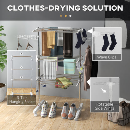 3 Layers Folding Laundry Clothes Airer Drying Rack Hanger Stand - White/Silver