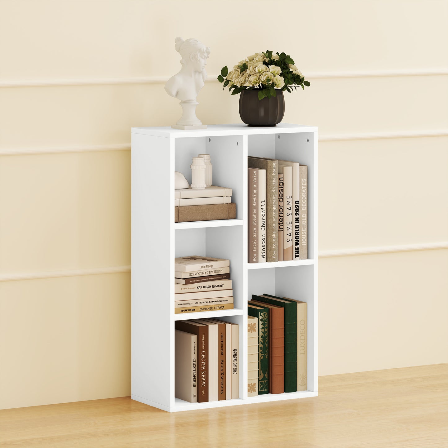 2-Tier Bookshelf with 5 Compartments - White / Black