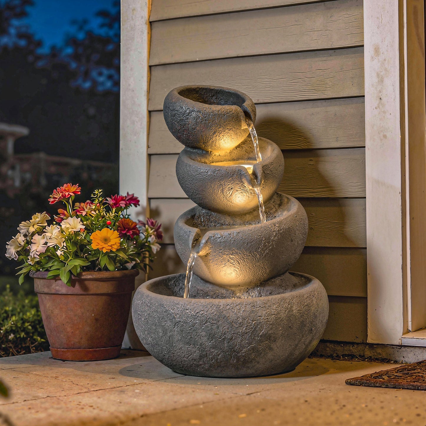 4-Tier Resin Waterfall Fountain | Weathered Stone Look | Warm White LED Lights | 3-Speed Pump | 10-12L | 230V | UK Plug | 3m Cable | 35x32x50cm | Garden Patio Indoor & Outdoor | Mixed Colour