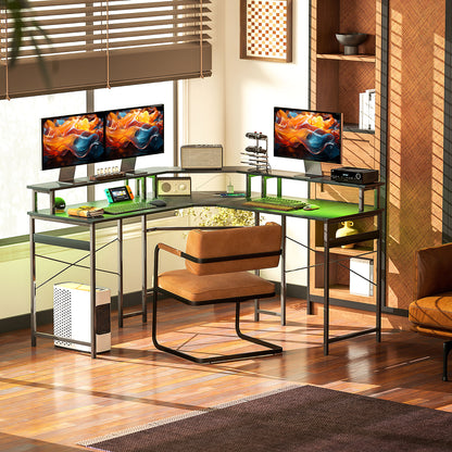 L Shaped Work Computer Desk, with LED Lights - Black