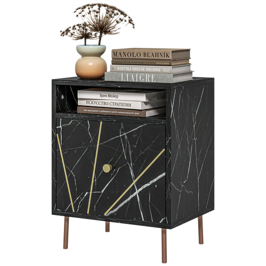 Marble Effect Bedside Table, Modern Side Table with Drawer, Open Shelf and Gold Tone Metal Legs for Bedroom, Living Room, Black