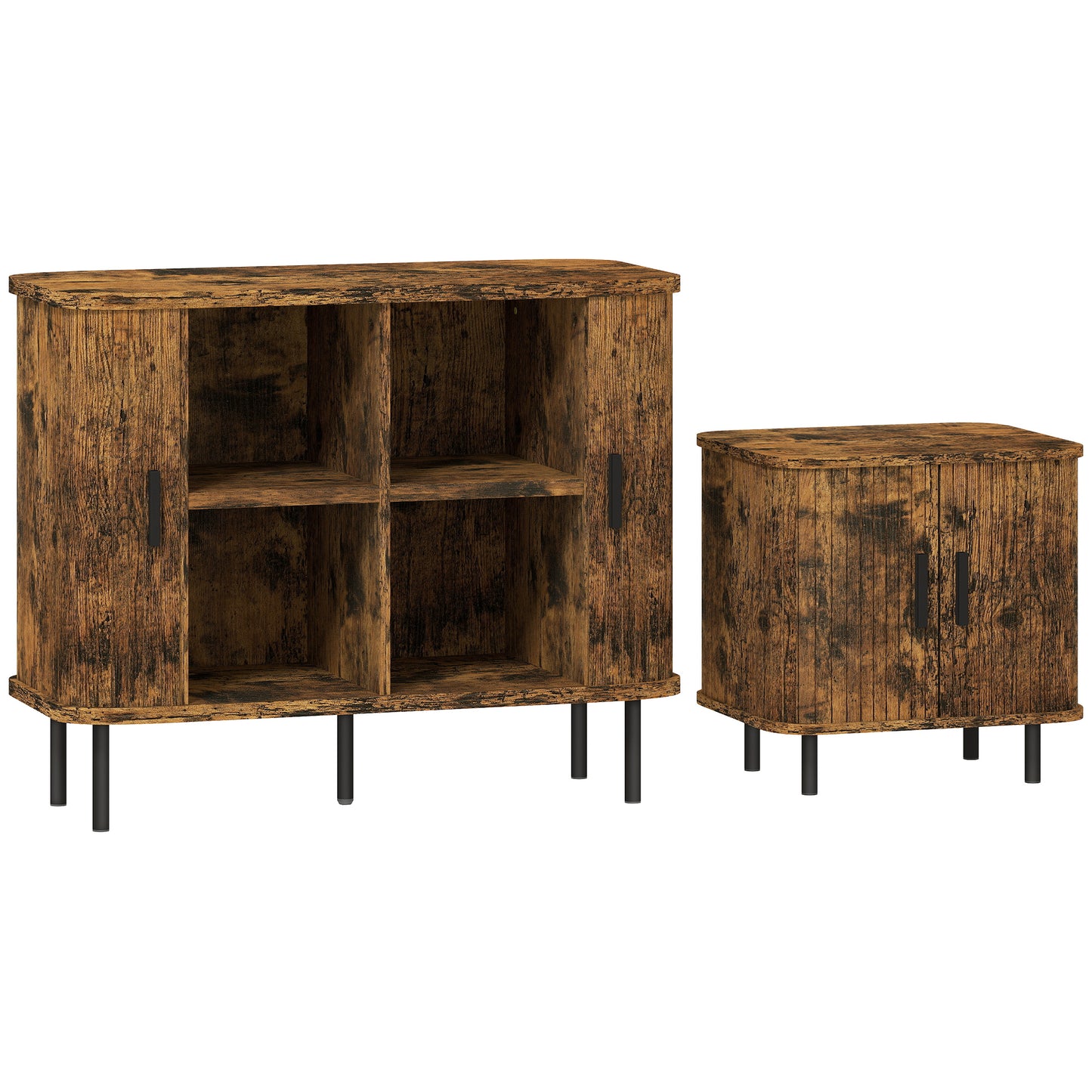 Mid-Century Sideboard & Nightstand Set | Tambour Sliding Doors | 2-Tier Storage | Steel Legs | Anti-Tip | Oak & Black | Rustic Brown