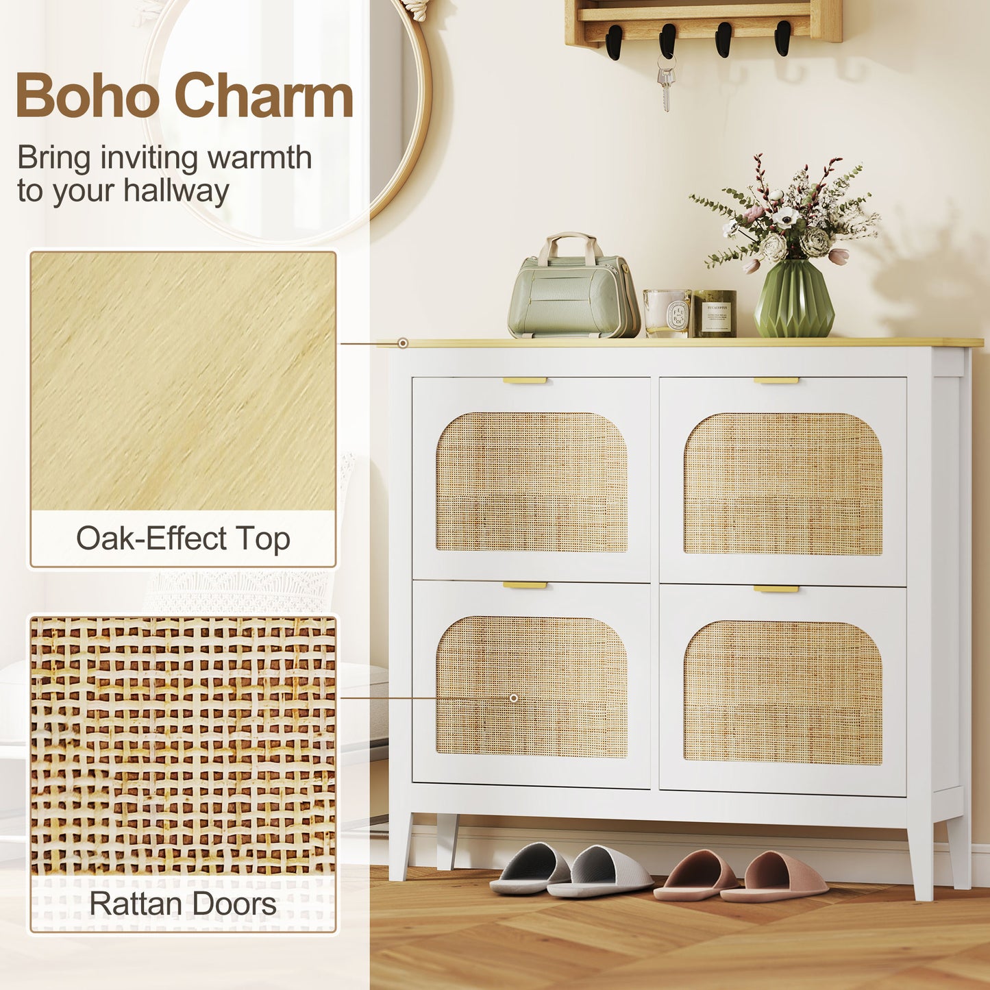 Slim Boho Shoe Cabinet | 4 Flip Drawers | Rattan Doors | Oak-Effect Top | 20 Pairs Up to UK Size 7 | Anti-Tip | 105x24x95.5cm | 50kg | White