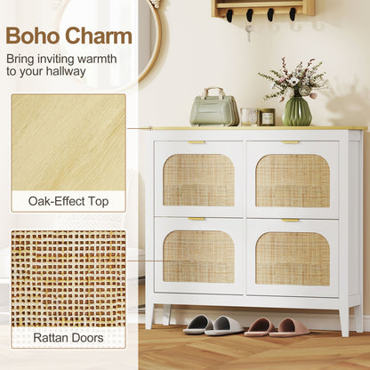 Slim Boho Shoe Cabinet | 4 Flip Drawers | Rattan Doors | Oak-Effect Top | 20 Pairs Up to UK Size 7 | Anti-Tip | 105x24x95.5cm | 50kg | White