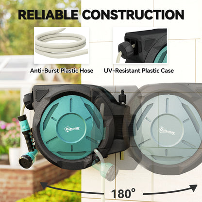 Retractable Hose Reel Wall Mounted, 20+2m Garden Hose Pipe Reel with Lock, Auto Rewind, 7 in 1 Spray Nozzle, Includes Wall Fixings, 180° Swivel, Outdoor Watering, 59 x 20 x 39 cm, Black