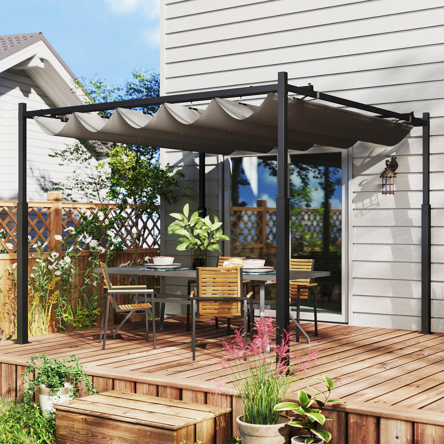 Outsunny 3 x 3(m) Garden Pergola W/ Retractable Roof and Magnetic Fixture, Outdoor Pergola Kit Sun Canopy, UPF30+, 80mm , Grey