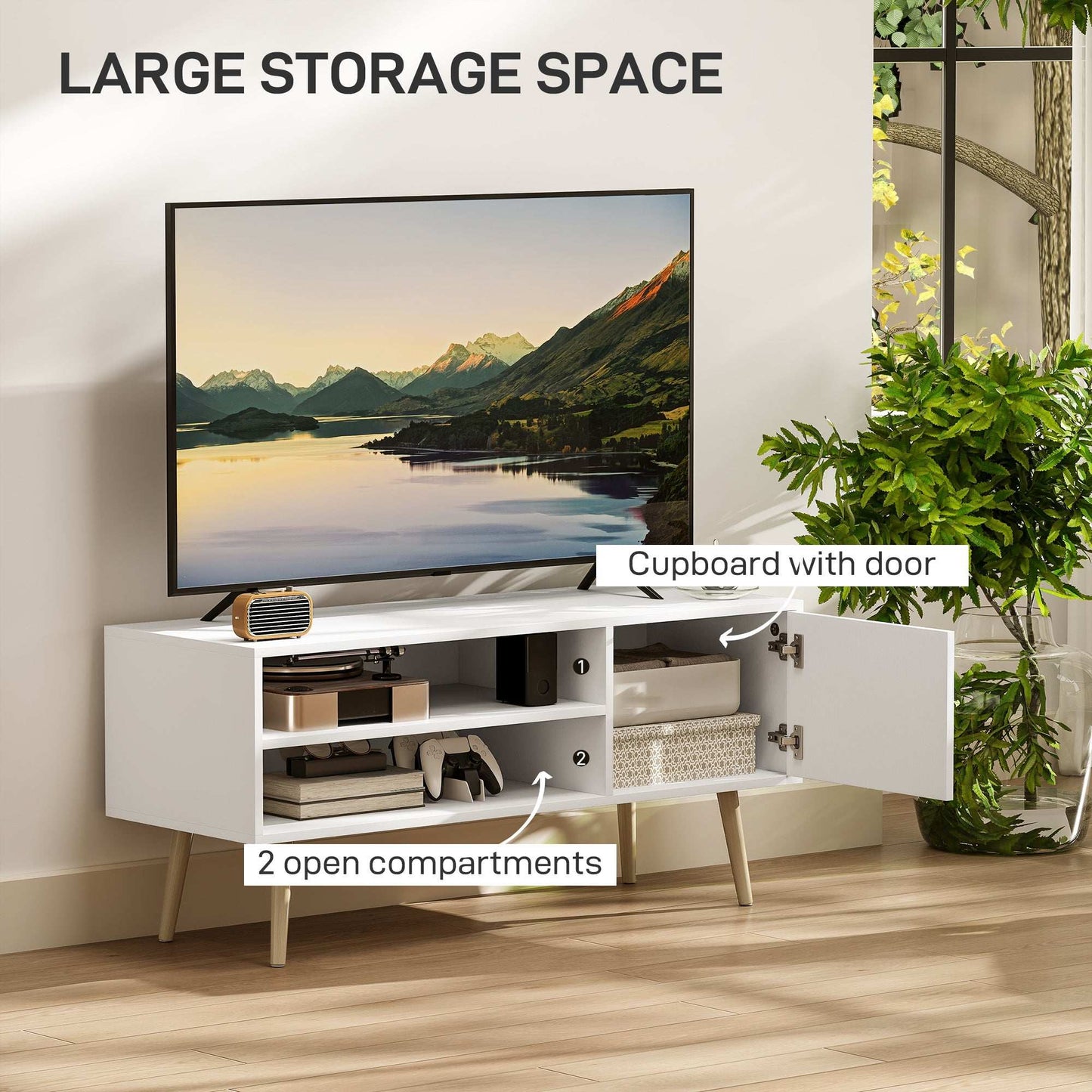 TV Stand up to 55 Inches, TV Unit with Open Shelves and Cable Holes - White / Brown