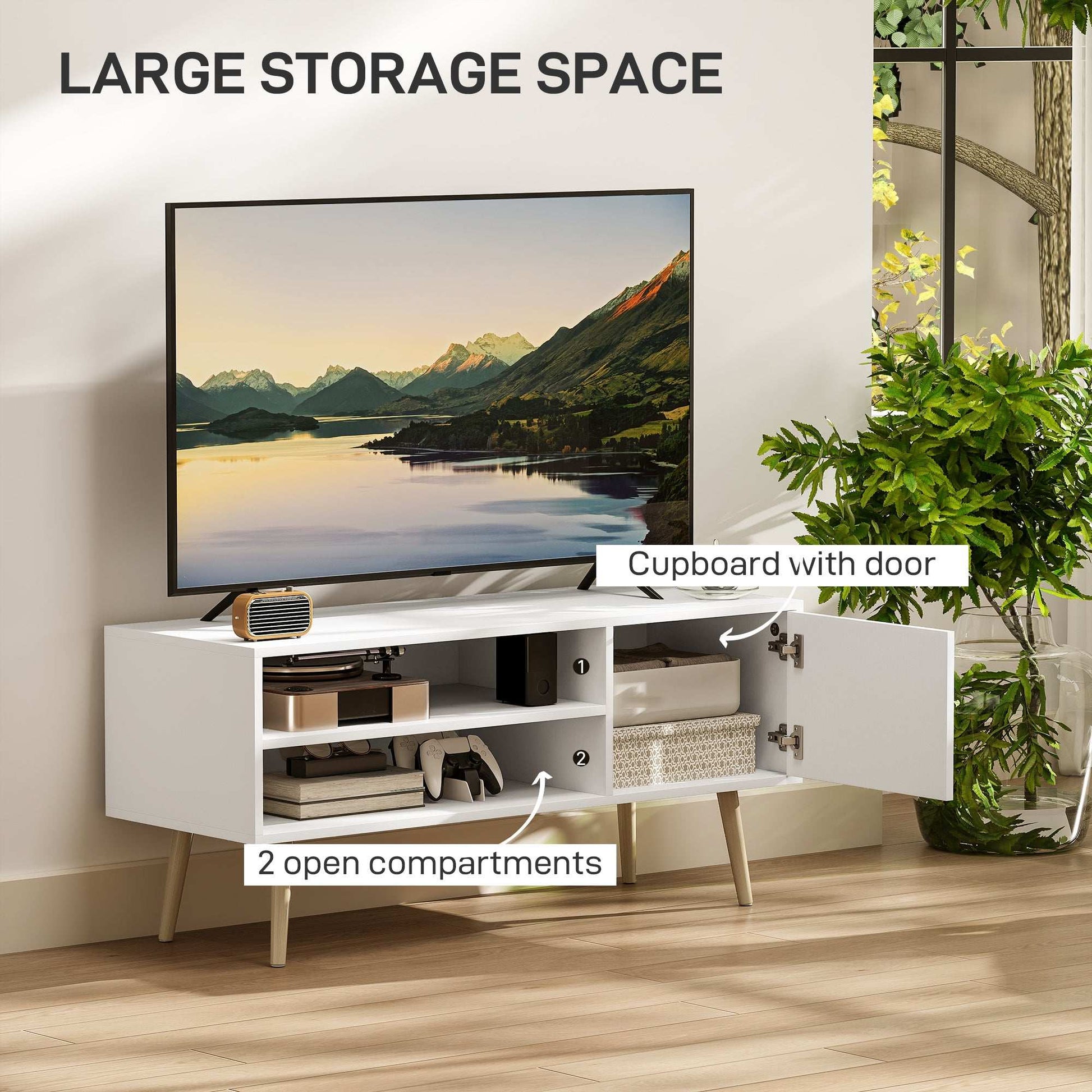 TV Stand up to 55 Inches, TV Unit with Open Shelves and Cable Holes - White / Brown