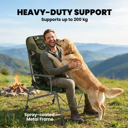 Padded Reclining Camping Chair | 175° Recline | 18D Foam | 600D Oxford | 200kg | Adjustable Height 45-58.5cm | 360° Pivoting Feet | Camouflage