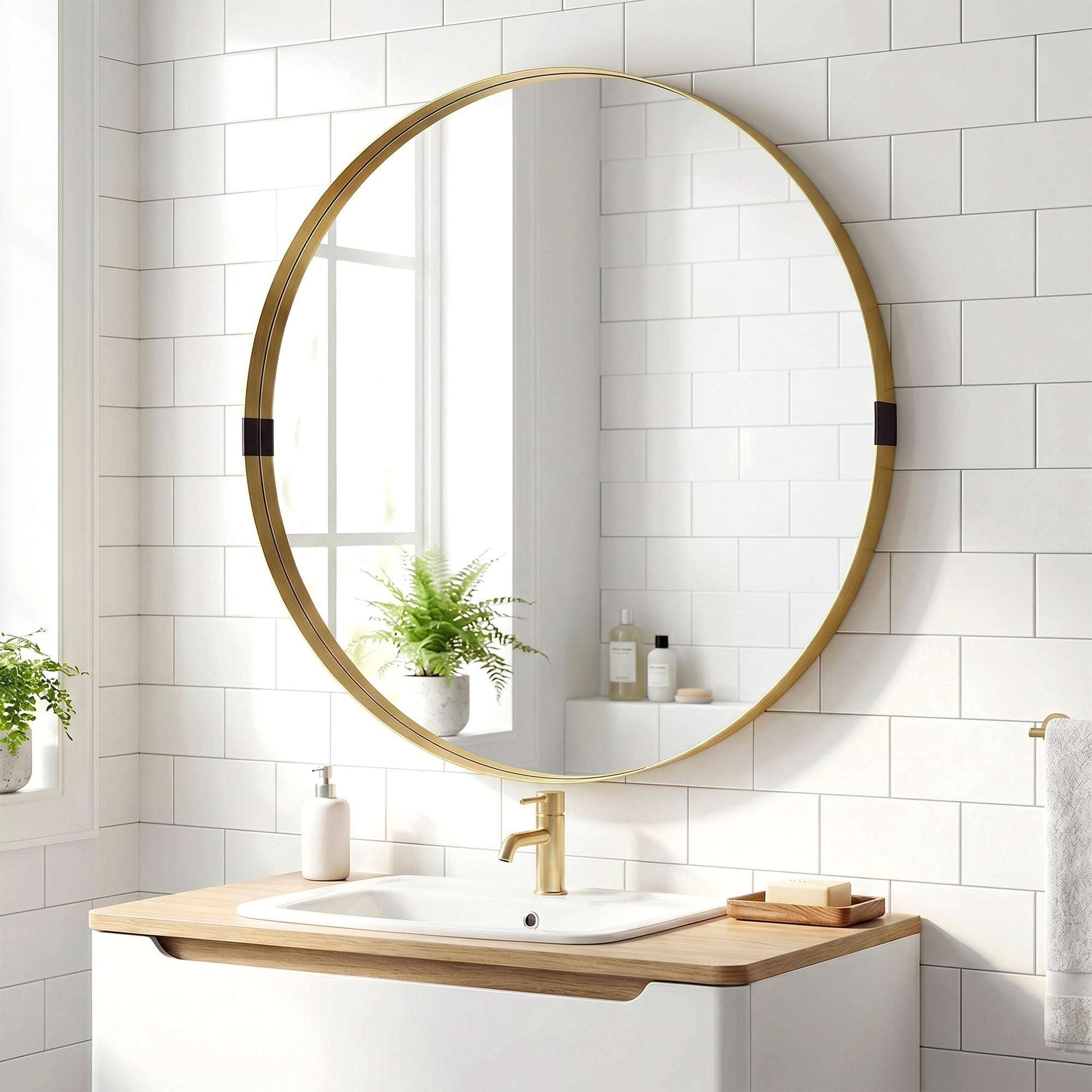 Round Wall Mirror | Shatterproof Tempered Glass | Anodised Aluminium Alloy Frame | 4cm Deep 3D Effect | 61cm Diameter | No Assembly | Gold Tone