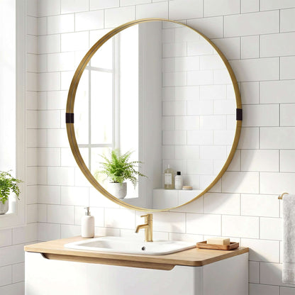 Round Wall Mirror | Shatterproof Tempered Glass | Anodised Aluminium Alloy Frame | 4cm Deep 3D Effect | 61cm Diameter | No Assembly | Gold Tone