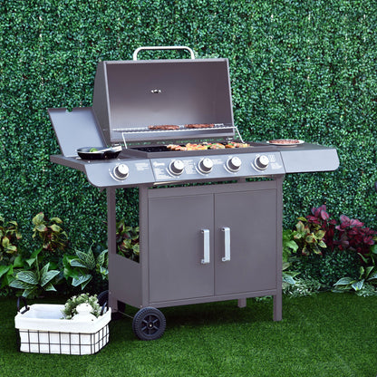 4+1 Burner Gas BBQ Grill, Outdoor Barbecue Trolley with Wheels, Warming Rack, Side Shelves, Cabinet, Thermometer for Garden, Party, Camping