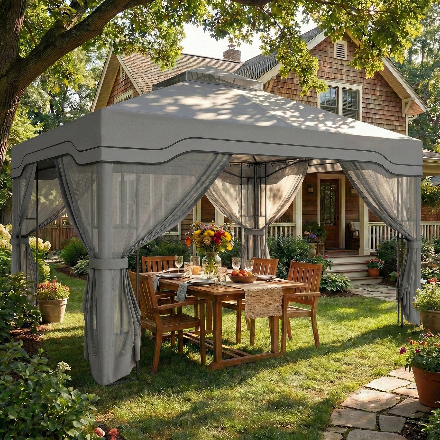 3x3.6m Permanent Garden Gazebo | Double-Tier UPF50+ Roof | Mesh Panels | Integrated Corner Shelves | Ceiling Hook | Triangular Powder-Coated Posts | Expansion Screws | Ground Stakes | Dark Grey