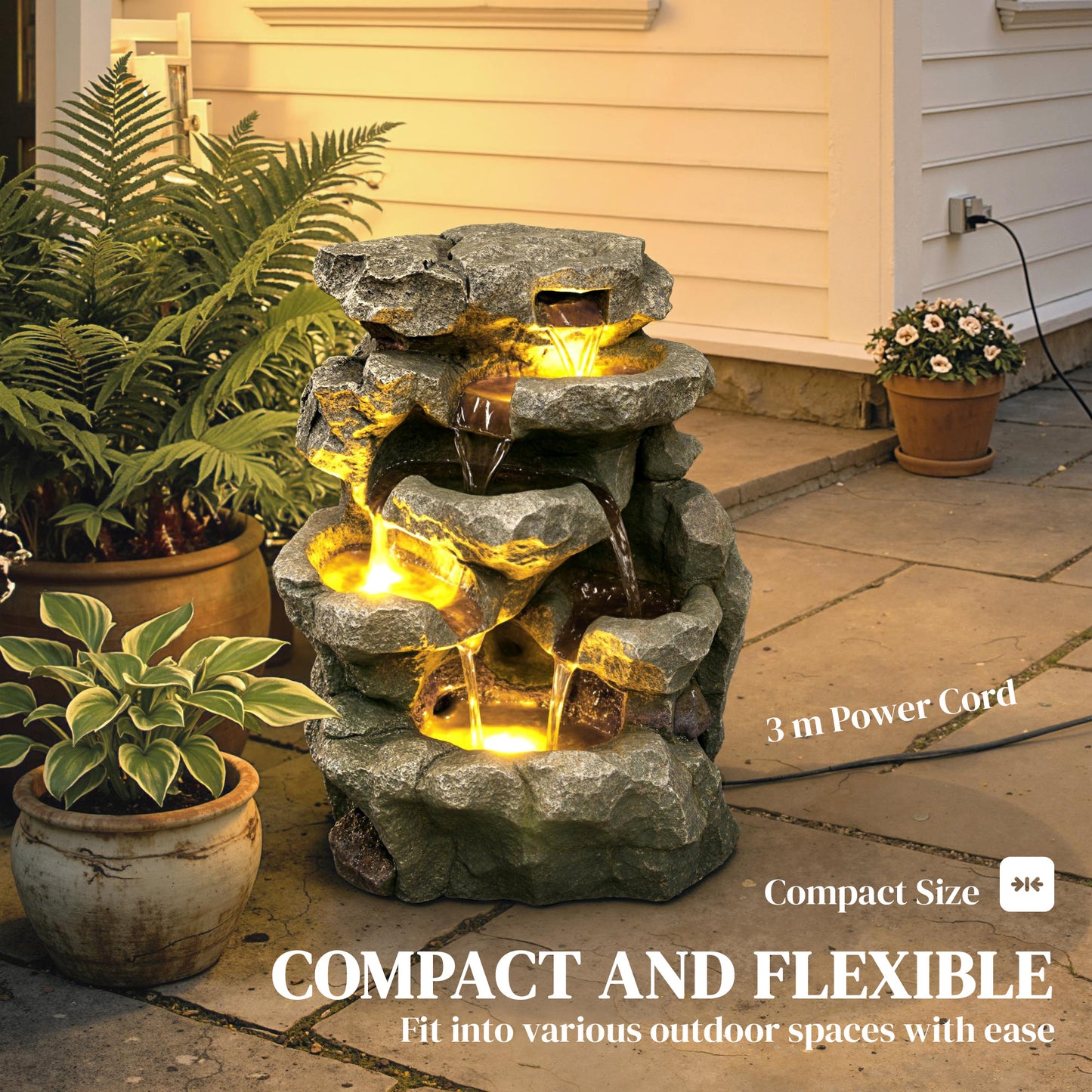 Compact 6-Tier Rock Design Garden Fountain | LED Lights | Adjustable Pump | Grey | 36.5cm