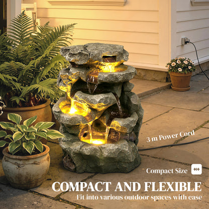 Compact 6-Tier Rock Design Garden Fountain | LED Lights | Adjustable Pump | Grey | 36.5cm