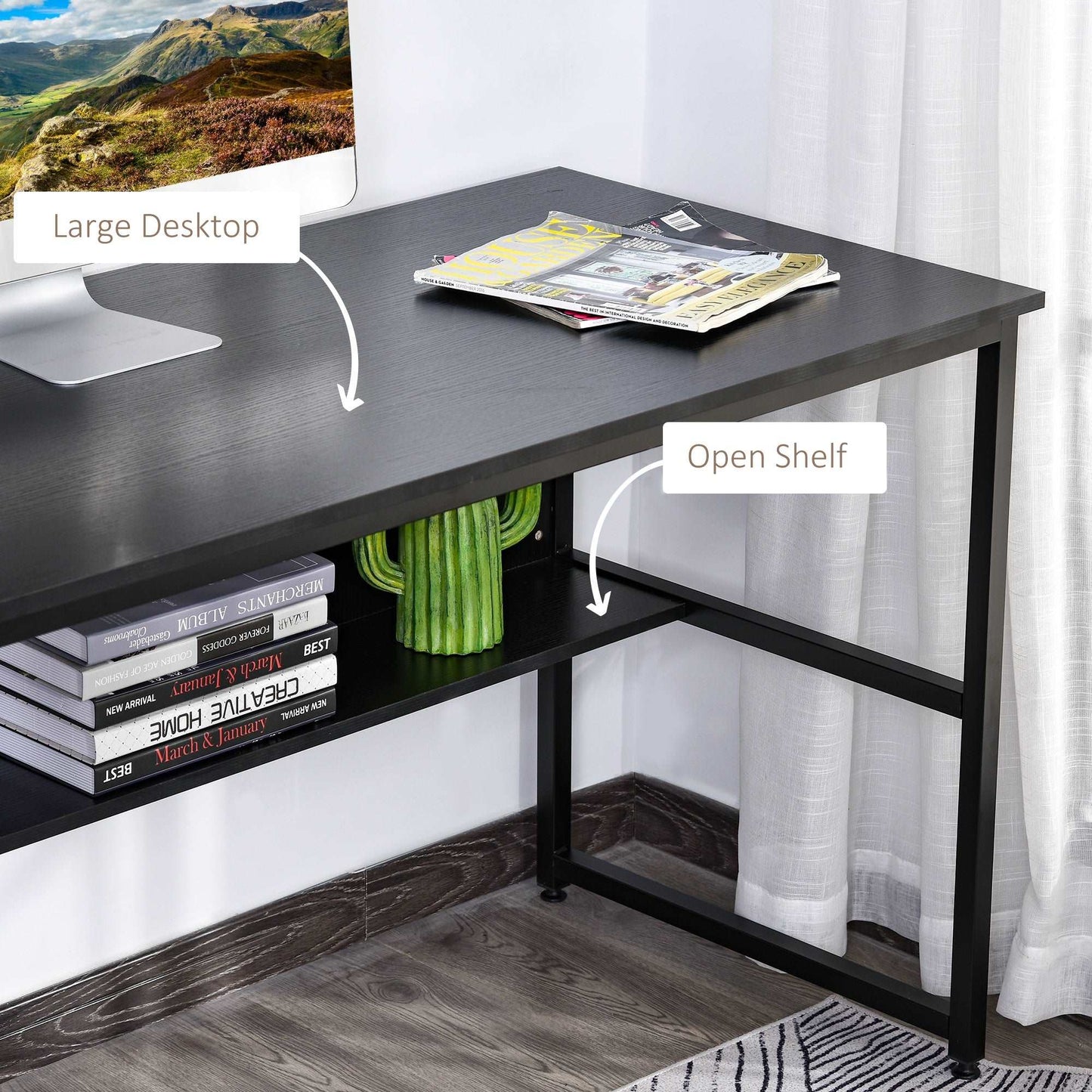 Computer Desk With Storage Shelf Adjustable Feet Metal Frame Home Office Laptop Study Writing Workstation Table Black