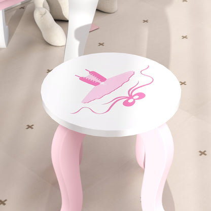 AIYAPLAY Kids Dressing Table Set, Vanity Table with Stool, Mirror, Drawer, Desktop Storage, Ballet Theme, Pink