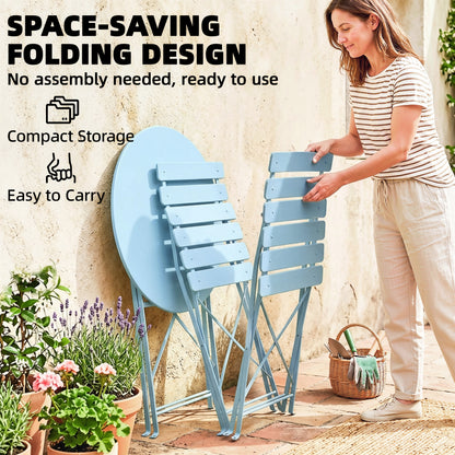 3-Piece Folding Garden Bistro Set | 2 Chairs & Round Table | Electrophoresis Metal | No Assembly | Folds to 8.5cm | 120kg | Light Blue