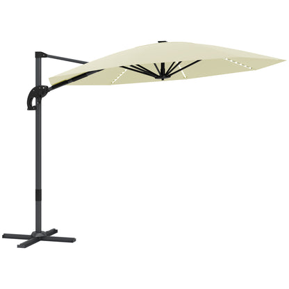 Outsunny 3(m) Cantilever Garden Parasol with Solar Powered Lights, Crank Handle & Cross Base, UPF 50+, 360° Rotation, Cream