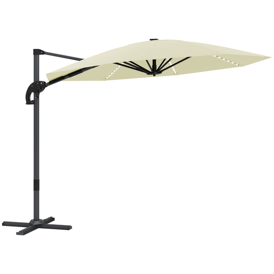 Outsunny 3(m) Cantilever Garden Parasol with Solar Powered Lights, Crank Handle & Cross Base, UPF 50+, 360° Rotation, Cream