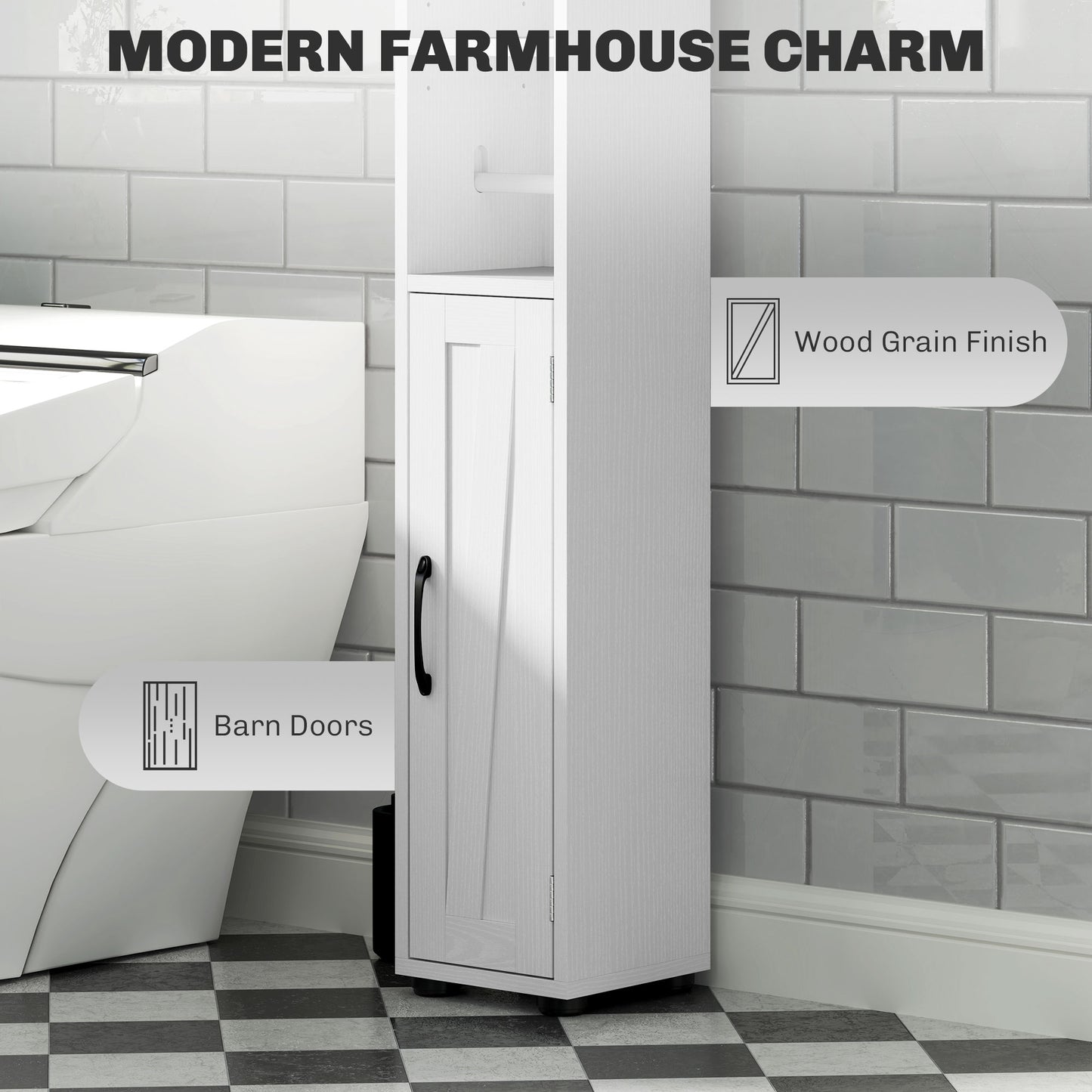 Tall Bathroom Cabinet, Farmhouse Slim Bathroom Storage Cabinet with Barn Doors, Toilet Paper Roll Holder, Drawer and Adjustable Shelves, Narrow Bathroom Storage Unit, 20 x 20 x 185cm, White