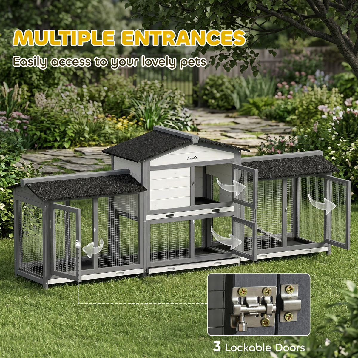 2-Tier Large Rabbit Hutch | Outdoor | Double Side Run Boxes | No-Leak Tray | Ramp | 230cm | Light Grey