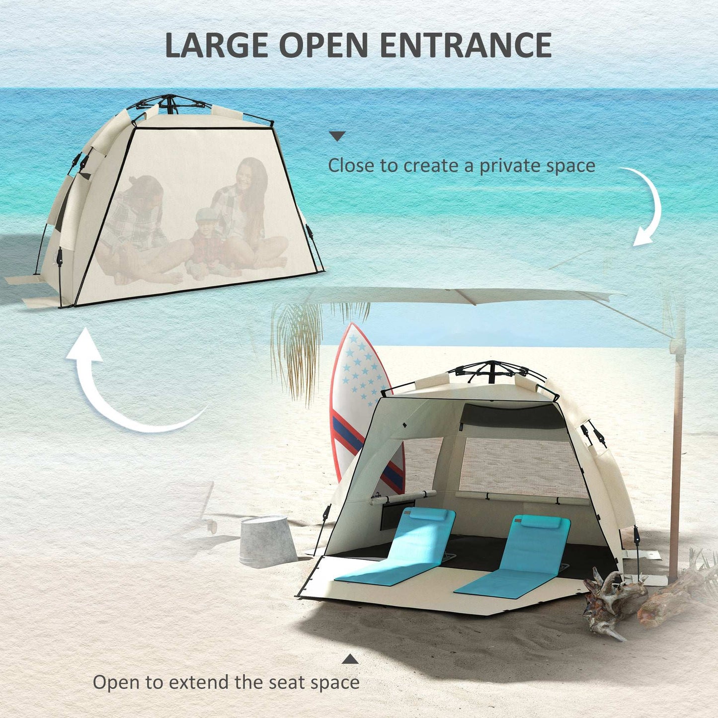 Outsunny 2-3 Person Pop Up Beach Tent, UPF15+ Sun Shelter with Extended Floor, Sandbags, Mesh Windows and Carry Bag, Khaki
