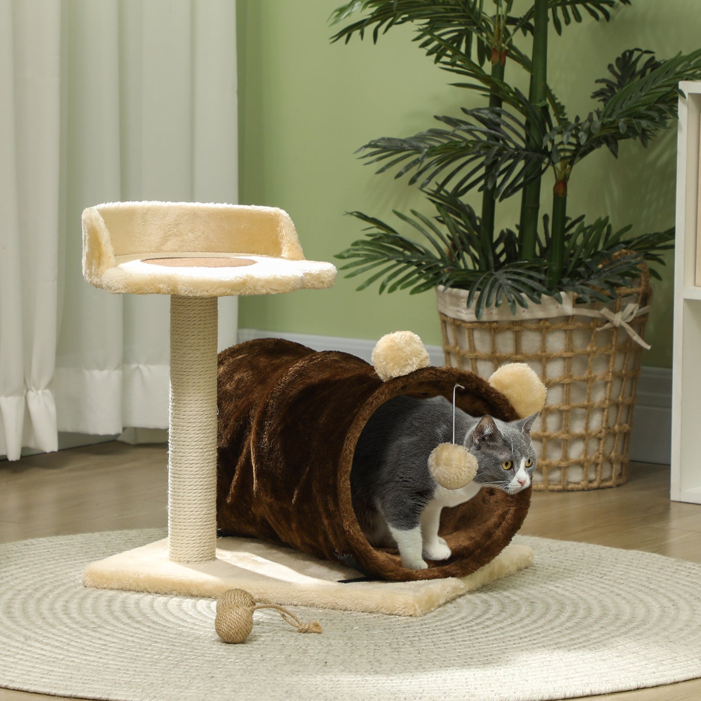 PawHut 47cm Small Cat Tree w/ Scratching Post, Bed, Cat Tunnel, Toy Ball, Dark Brown / Grey